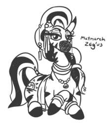 Size: 473x536 | Tagged: safe, artist:jargon scott, oc, oc only, oc:matriarch zeg'us, pony, zebra, black and white, crossed hooves, female, grayscale, looking at you, monochrome, pootgate, prone, simple background, solo, white background, zebra oc
