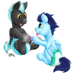 Size: 2259x2286 | Tagged: safe, artist:wittleskaj, soarin', thunderlane, pegasus, pony, g4, baby, baby pony, colt, diaper, foal, foal powder, high res, male, playing