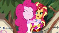Size: 1920x1080 | Tagged: safe, screencap, pinkie pie, sunset shimmer, equestria girls, g4, my little pony equestria girls: legend of everfree, hug