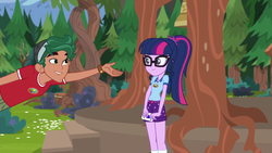 Size: 1280x720 | Tagged: safe, screencap, sci-twi, timber spruce, twilight sparkle, equestria girls, g4, my little pony equestria girls: legend of everfree, camp everfree outfits, clothes, female, glasses, male, ponytail, tree