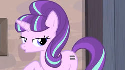 Size: 1920x1080 | Tagged: safe, screencap, starlight glimmer, pony, unicorn, g4, the cutie map, :o, equal cutie mark, female, lidded eyes, looking at you, mare, open mouth, raised hoof, s5 starlight, smiling, solo