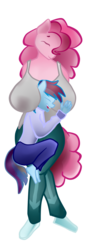 Size: 422x1200 | Tagged: safe, artist:shehaveboththings, derpibooru exclusive, pinkie pie, rainbow dash, anthro, g4, big breasts, breasts, busty pinkie pie, clothes, eyes closed, female, huge breasts, lesbian, lightning, shadow, ship:pinkiedash, shipping, sleeping, solo
