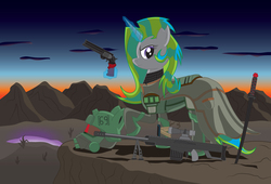 Size: 3750x2550 | Tagged: safe, artist:miipack603, oc, oc:athenta crete, pony, unicorn, fallout equestria, fanfic:fallout equestria: lone ranger, anti-machine rifle, armor, aura, boots, bracer, cel shading, clothes, desert, desert ranger, detailed background, dusk, duster, female, fissure, greaves, gun, handgun, helmet, high res, jacket, leather jacket, looking over shoulder, mare, mountain, pauldron, pipbuck, pre-war, ranger sequoia, revolver, shading, shadows, shoes, simple shading, stern, sword, torn ear, weapon