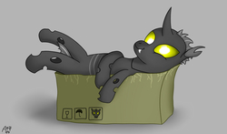 Size: 1017x598 | Tagged: safe, artist:atomfliege, oc, oc only, oc:warplix, changeling, box, changeling in a box, changeling oc, gray background, lying down, male, simple background, solo, yellow changeling