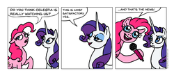 Size: 1000x421 | Tagged: safe, artist:gingerfoxy, pinkie pie, rarity, earth pony, pony, unicorn, pony comic generator, g4, comic, dialogue, microphone, open mouth, speech bubble