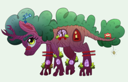 Size: 2785x1789 | Tagged: dead source, safe, artist:emera33, artist:pink-pone, color edit, edit, building pony, original species, tree pony, candle, collaboration, colored, golden oaks library, library, ponified, ponified building, simple background, smiling, solo, telescope, white background