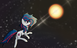 Size: 800x500 | Tagged: safe, artist:shepardinthesky, oc, oc only, oc:nasapone, pony, floating, lens flare, solo, space, stars, sun