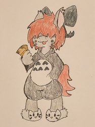 Size: 3024x4032 | Tagged: safe, artist:mystic bolt, oc, oc only, oc:blackstar pai, anthro, bow, female, filly, freckles, hair bow, hello kitty, money, sanrio, solo, tongue out, totoro, traditional art