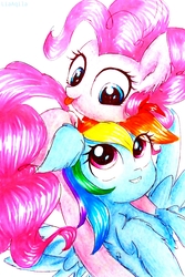Size: 1959x2938 | Tagged: safe, artist:liaaqila, pinkie pie, rainbow dash, earth pony, pegasus, pony, g4, :p, chest fluff, cute, dashabetes, diapinkes, ear fluff, female, lesbian, mare, ship:pinkiedash, shipping, silly, simple background, smiling, tongue out, traditional art, white background