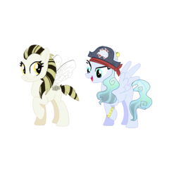 Size: 768x768 | Tagged: safe, artist:artisticjourney, oc, oc only, oc:honey buzz (ice1517), oc:sailing winds, bee, bee pony, original species, pegasus, pony, bandana, bracelet, duo, ear piercing, earring, female, hat, jewelry, mare, open mouth, piercing, pirate, pirate hat, raised hoof, simple background, white background
