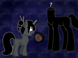 Size: 1544x1146 | Tagged: safe, artist:endergurl22, the headless horse, oc, oc:ebony darkness, headless horse, pony, autograph, confusion, female, filly, funny, headless, question mark