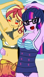 Size: 3429x6000 | Tagged: safe, artist:takrontoxicity, sci-twi, sunset shimmer, twilight sparkle, equestria girls, equestria girls series, g4, armpits, belly button, blush sticker, blushing, clothes, cute, female, lesbian, midriff, shimmerbetes, ship:sci-twishimmer, ship:sunsetsparkle, shipping, side hug, swimsuit, twiabetes