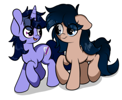Size: 4561x3745 | Tagged: safe, artist:php142, oc, oc only, oc:crescend cinnamon, oc:purple flix, earth pony, pony, unicorn, female, looking at each other, male, raised hoof, simple background, standing, transparent background