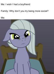 Size: 2116x2916 | Tagged: safe, artist:badumsquish, derpibooru exclusive, limestone pie, earth pony, pony, g4, angry, behaving like a cat, chair, female, front view, frown, glare, grumpy, high res, meme, ponified animal photo, show accurate, sitting, solo, stare, sulking