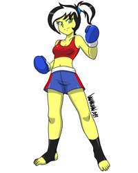Size: 2000x2500 | Tagged: safe, artist:danmakuman, oc, oc only, oc:uppercute, human, equestria girls, g4, barefoot, belly button, boxer, boxing gloves, clothes, commission, equestria girls-ified, feet, freckles, high res, martial arts, ponytail, shorts, signature, simple background, solo, sports bra, tomboy, white background