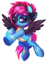 Size: 600x758 | Tagged: safe, artist:cabbage-arts, oc, oc only, oc:neon flare, pegasus, pony, clothes, commission, female, flying, goggles, mare, pegasus oc, solo, underhoof, uniform, wings, wonderbolts, wonderbolts uniform