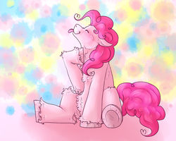Size: 1024x820 | Tagged: safe, artist:songofwolf, pinkie pie, earth pony, pony, g4, cute, diapinkes, eyes closed, female, fluffy, hoof on chest, multicolored background, silly, sitting, smiling, solo, tongue out, underhoof