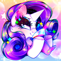 Size: 1000x1000 | Tagged: safe, artist:chromalav, rarity, pony, unicorn, g4, abstract background, bust, cocktail, cocktail glass, drink, female, mare, martini glass, solo, sparkles, starry eyes, wingding eyes