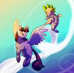 Size: 2040x2021 | Tagged: safe, artist:toasterwitch, spike, twilight sparkle, alicorn, dragon, pony, g4, brother and sister, dragon wings, duo, female, flying, high res, male, mare, sky, twilight sparkle (alicorn), winged spike, wings