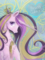 Size: 1536x2048 | Tagged: safe, artist:hesterli, princess cadance, pony, g4, bust, female, hoof on chest, portrait, smiling, solo
