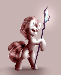 Size: 602x743 | Tagged: safe, artist:porceiian-prince, tempest shadow, pony, g4, bipedal, broken horn, female, horn, simple background, sketch, smiling, solo, staff, staff of sacanas, standing
