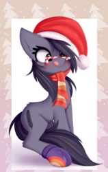 Size: 3280x5182 | Tagged: safe, artist:omi, oc, oc only, oc:kate, pony, absurd resolution, candy, candy cane, christmas, clothes, cute, female, food, hat, holiday, mare, ocbetes, santa hat, scarf, silly, solo, tongue out