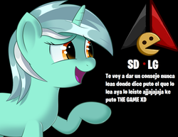 Size: 1326x1024 | Tagged: safe, lyra heartstrings, pony, g4, black background, meme, sdlg, shitposting, simple background, spanish, the game, thief image