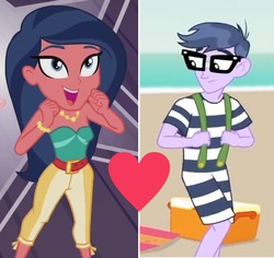 Size: 1221x1151 | Tagged: safe, edit, edited screencap, screencap, desert sage, microchips, equestria girls, equestria girls series, g4, lost and found, spring breakdown, spoiler:eqg series (season 2), background human, bare shoulders, beach, bracelet, bustier, clothes, crack shipping, cropped, female, glasses, heart, jewelry, male, microsage, necklace, open mouth, shipping, shipping domino, sleeveless, straight, strapless, suspenders, swimsuit, tube top