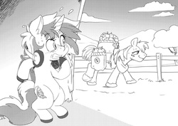 Size: 1697x1200 | Tagged: safe, artist:kandlin, big macintosh, oc, oc:stormie, earth pony, pony, unicorn, g4, bipedal, cloud, colored hooves, halftone, headphones, lineart, monochrome, saddle bag, shy, unshorn fetlocks