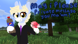 Size: 960x540 | Tagged: safe, artist:nootaz, oc, oc:nootaz, pony, clothes, flower, minecraft, pepsi, soda, suit