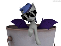 Size: 959x719 | Tagged: safe, artist:batponyecho, oc, oc:echo, bat pony, pony, 3d, bat bucket, bat pony oc, simple background, source filmmaker, sunglasses, white background