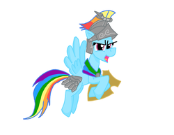 Size: 4400x3400 | Tagged: safe, artist:pegaplex, flash magnus, rainbow dash, pony, equestria daily, campfire tales, g4, armor, clothes, cosplay, costume, female, helmet, netitus, shield, simple background, solo, white background