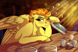 Size: 3000x2000 | Tagged: safe, artist:lupiarts, spitfire, pegasus, pony, g4, alcohol, angry, bar, blushing, booze, bottle, drunk, female, glass, high res, mare, pub, solo, tipsyfire