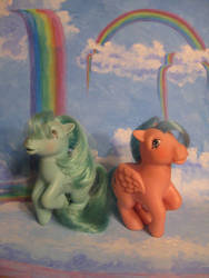 Size: 774x1032 | Tagged: safe, artist:sunset80, firefly, medley, pegasus, pony, g1, backdrop, cloud, duo, female, irl, painting, photo, rainbow, toy, traditional art