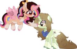 Size: 4499x2836 | Tagged: dead source, safe, artist:moon-rose-rosie, oc, oc only, oc:margaret, oc:melanie (moon-rose-rosie), pony, unicorn, artificial wings, augmented, bandaid, bandaid on nose, blaze (coat marking), blush lines, blushing, boop, brown eyes, coat markings, colored hooves, duo, facial markings, female, freckles, glowing, glowing horn, gradient mane, gradient tail, hair bun, horn, lightly watermarked, long tail, magic, magic aura, magic wings, mare, neckerchief, pale belly, ponysona, simple background, snip (coat marking), socks (coat markings), star (coat marking), tail, tail feathers, transparent background, unicorn oc, watermark, wings