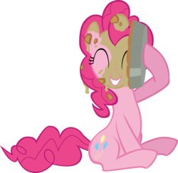 Size: 10000x9721 | Tagged: safe, artist:ace play, pinkie pie, earth pony, pony, a bird in the hoof, g4, ^^, absurd resolution, cute, diapinkes, eyes closed, female, food, pie, pied, silly, silly pony, simple background, solo, transparent background, vector