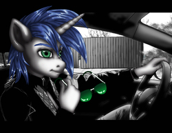 Size: 3557x2743 | Tagged: safe, artist:erim-kawamori, oc, oc only, oc:shifting gear, unicorn, anthro, car, high res, male, monochrome, neo noir, partial color, solo, stallion, sunglasses