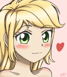 Size: 650x750 | Tagged: safe, artist:tastyrainbow, applejack, equestria girls, g4, anime, bare shoulder portrait, bare shoulders, big eyes, blushing, bust, cute, female, heart, implied nudity, jackabetes, looking at you, pink background, portrait, simple background, smiling, solo