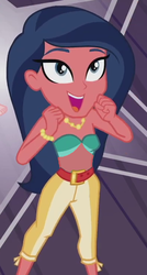 Size: 394x733 | Tagged: safe, edit, edited screencap, screencap, desert sage, equestria girls, equestria girls series, g4, spring breakdown, spoiler:eqg series (season 2), background human, bandeau, bare shoulders, bikini, bracelet, clothes, cropped, female, jewelry, midriff, necklace, open mouth, sleeveless, strapless, swimsuit
