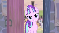 Size: 1920x1080 | Tagged: safe, screencap, amber tresses, amethyst skim, rosemary, starlight glimmer, pony, unicorn, g4, the cutie map, door, female, lidded eyes, looking at you, mare, our town, s5 starlight, smiling, solo focus