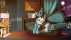 Size: 6242x3496 | Tagged: safe, artist:jhayarr23, coloratura, oc, oc:jasper darkblaze, earth pony, pegasus, pony, g4, canon x oc, complex background, couch, cuddling, curtains, cute, cutie mark, detailed background, evening, female, fireplace, flower, full moon, lying down, male, moon, musical instrument, piano, picture frame, rug, shading, shadow, show accurate, sitting up, smiling, soft shading, straight, vase, window