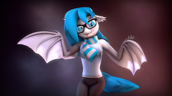 Size: 10000x5600 | Tagged: safe, artist:imafutureguitarhero, oc, oc only, oc:xenia amata, bat pony, anthro, 3d, abstract background, absurd resolution, anthro oc, bat pony oc, bat wings, bloom, blue mane, chromatic aberration, clothes, compression shorts, fangs, female, film grain, floppy ears, glasses, gradient background, looking at you, mare, nail polish, nose wrinkle, raised eyebrow, scarf, shorts, shrug, signature, sleeveless, slit pupils, smiling, solo, source filmmaker, tank top, tongue out, windswept tail, wing arms, wings