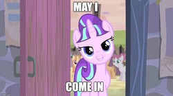 Size: 888x499 | Tagged: safe, edit, edited screencap, screencap, amber tresses, amethyst skim, rosemary, starlight glimmer, pony, unicorn, g4, the cutie map, background pony, bedroom eyes, caption, door, equal cutie mark, female, grin, head tilt, image macro, imgflip, in our town, lidded eyes, looking at you, mare, meme, our town, s5 starlight, smiling, solo focus, squee, text