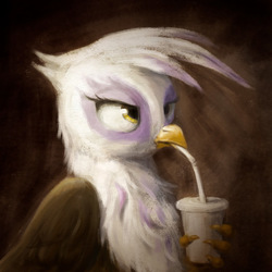 Size: 926x926 | Tagged: safe, artist:el-yeguero, gilda, griffon, g4, bust, claws, cup, drink, drinking, drinking straw, feather, female, lidded eyes, painting, portrait, quadrupedal, sipping, solo, three quarter view
