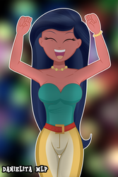Size: 2000x3000 | Tagged: safe, artist:danielitamlp, desert sage, equestria girls, equestria girls specials, g4, my little pony equestria girls: better together, my little pony equestria girls: spring breakdown, armpits, background human, bare shoulders, bracelet, breasts, bustier, busty desert sage, caramelldansen, clothes, female, high res, jewelry, necklace, open mouth, pants, pearl necklace, sleeveless, solo, strapless, tube top