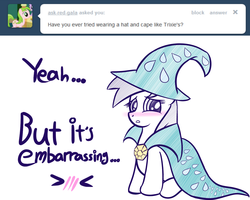 Size: 1280x1024 | Tagged: safe, artist:datahmedz, sunshower raindrops, pony, raindropsanswers, g4, ask, blushing, cape, clothes, embarrassed, female, hat, mare, solo, tumblr, witch hat