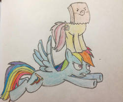 Size: 1024x853 | Tagged: safe, artist:rainbowdash1804, oc, oc:paper bag, oc:rainbow dash 1804, pony, flying, paper bag, simple background, size difference, traditional art, white background