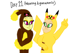 Size: 1800x1302 | Tagged: safe, artist:bigpurplemuppet99, adagio dazzle, applejack, buneary, pikachu, equestria girls, g4, clothes, costume, dazzlejack, female, kigurumi, lesbian, pokémon, shipping