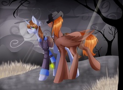 Size: 4439x3271 | Tagged: dead source, safe, artist:ri20, oc, oc only, oc:calamity, oc:littlepip, pegasus, pony, unicorn, fallout equestria, clothes, cloud, cloudy, cowboy hat, dashite, dead grass, dead tree, fanfic, fanfic art, female, grass, gritted teeth, hat, hooves, horn, jumpsuit, male, mare, pipbuck, saddle bag, stallion, tree, vault suit, wasteland, wind, wings