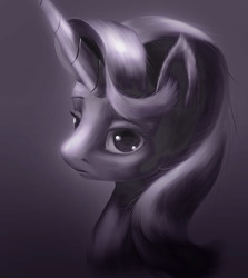 Size: 2480x2784 | Tagged: safe, artist:akurion, starlight glimmer, pony, unicorn, fanfic:the archetypist, g4, bust, dark, ear fluff, fanfic art, female, gradient background, grayscale, high res, horn, mare, monochrome, portrait, purple background, simple background, solo